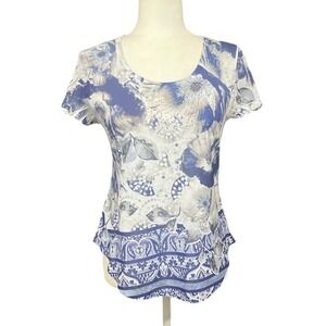 One World Floral Paisley Top Petite Small Blue Rhinestone Blouse Feminine Boho